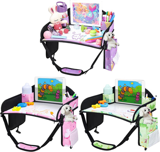 3PCS Kids Travel Tray for Airplane - Toddler Car Seat Table Tray, Road Trip Essentials for Boys & Girls, Carseat Lap Desk for Kids Road Trip Activities (Pink/Green-/Purple)