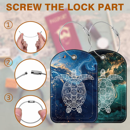 2 Pack Luggage Tag for Suitcase Liquid Marble and Turtle Leather Suitcase Tags with Privacy Name ID Label and Stainless Steel Loop for Travel Bag