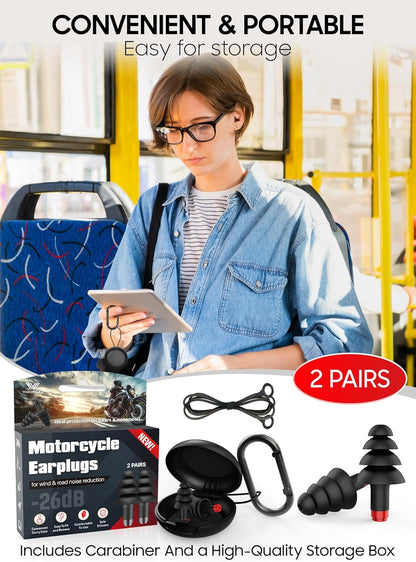 Motorcycle Ear Plugs, 2 Pairs Reusable Silicone, 26dB Wind Noise Reduction & Ear Protection Earplugs with Safety Cord & Travel Case, Comfort Fit for Motorbike, Highway Riding, Touring & Shooting