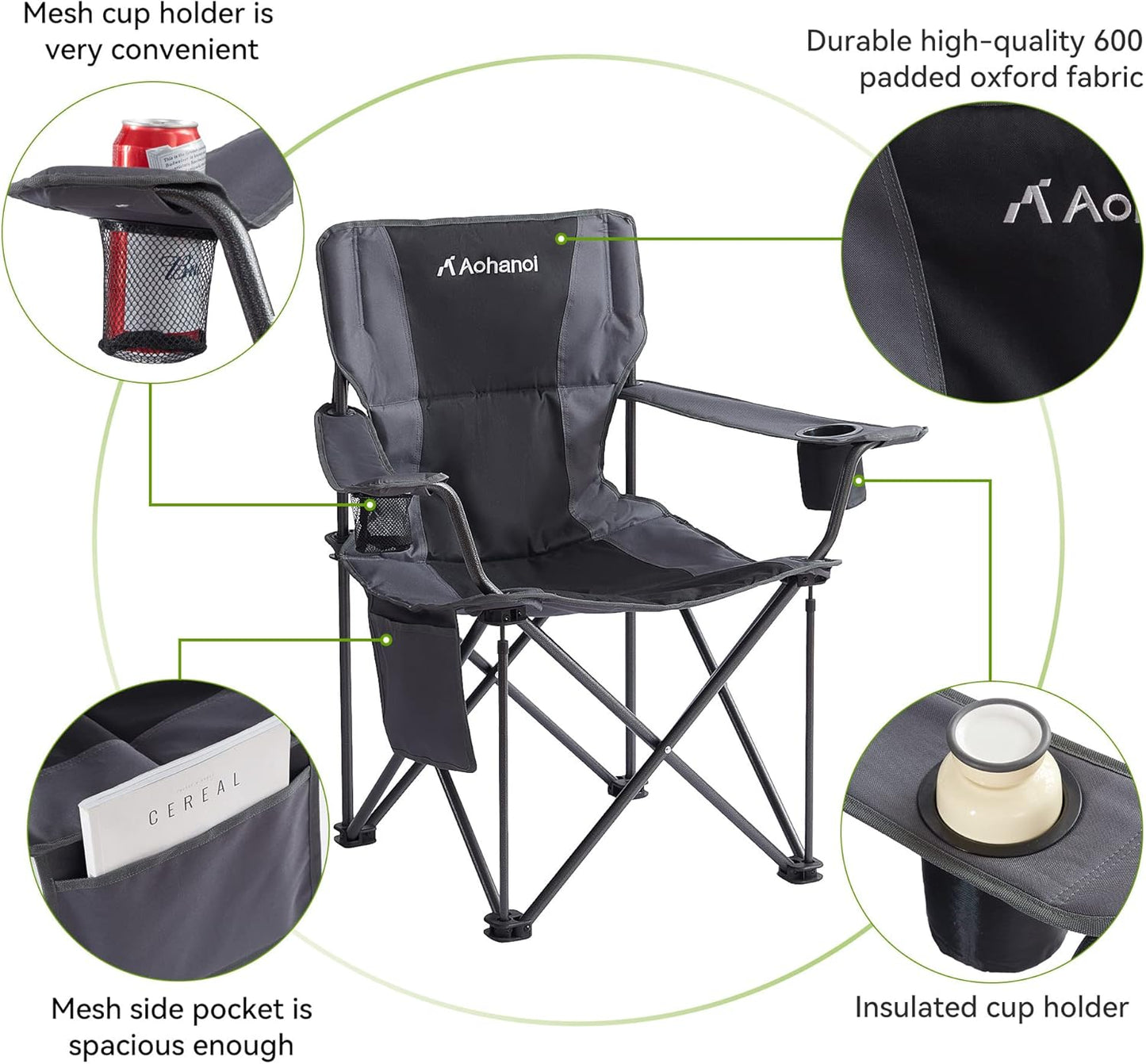 Oversized XL Camping Chairs for Adults, Padded Folding Camp Chair with High Back, Cup Holder & Side Pocket for Outside, Lawn, Beach, Fishing, Sports, Folding Heavy Duty Chairs, Black
