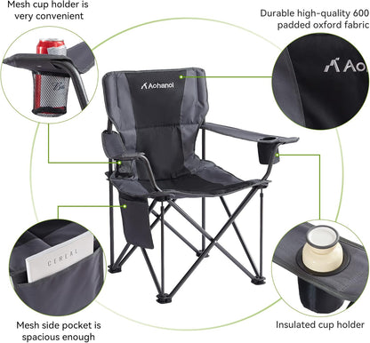 Oversized XL Camping Chairs for Adults, Padded Folding Camp Chair with High Back, Cup Holder & Side Pocket for Outside, Lawn, Beach, Fishing, Sports, Folding Heavy Duty Chairs, Black
