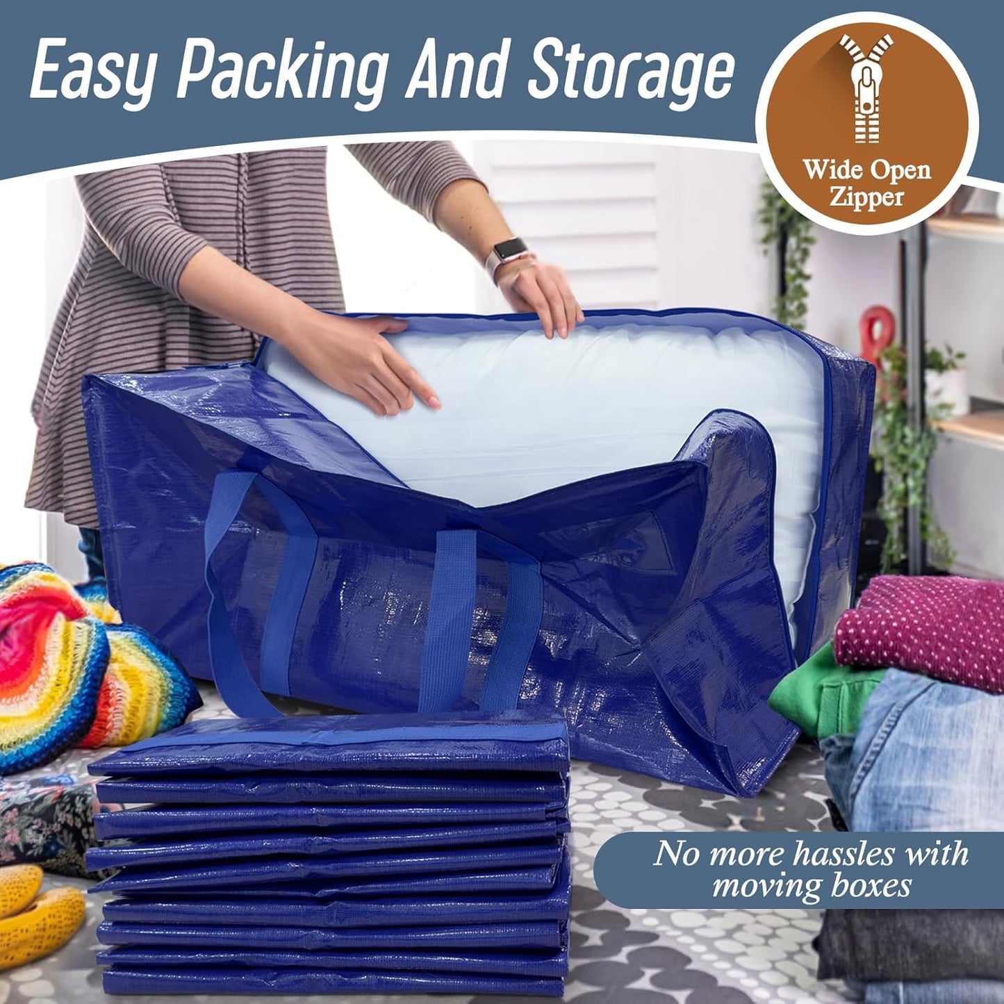 12 Pack Extra Heavy Duty Large Moving Bags with Strong Zipper & Comfortable Handles, Sturdy & Durable Clothes Storage Bags Totes Bins, Packing Moving Boxes for College Supplies, Blue