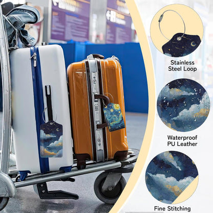 Starry Night Luggage Tags for Suitcase,3 Pack Luggage Tag Leather Privacy Cover ID Label with Stainless Steel Loop for Women Men
