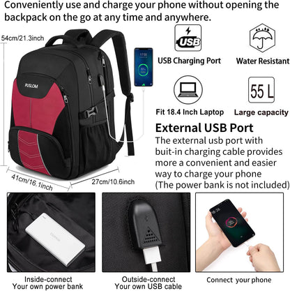PUSLOM Extra Large Travel Laptop Backpack for Men 55L,Water Resistant 18.4 inch Big Business Laptop bags with USB Charging Port,TSA Friendly Anti Theft Computer Bag for Work College,Red
