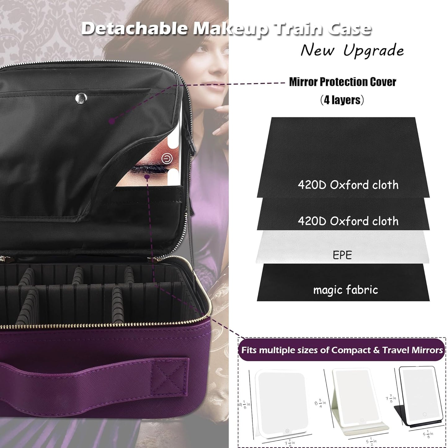 MOMIRA Travel Makeup Bag Cosmetic Bag with Lighted Mirror, Adjustable Brightness in 3 Color Scenarios, Waterproof, 10x Magnifying Mirror, Rotatable Independent Light Mirror- Deep purple (Solid)