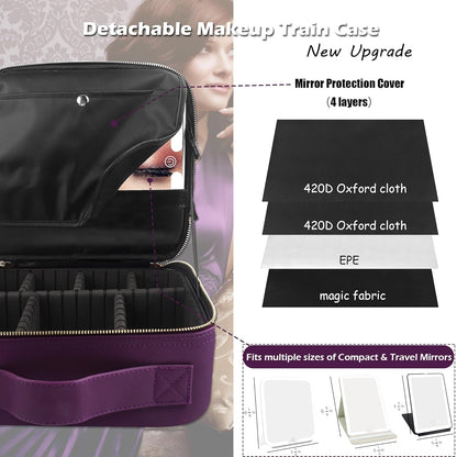 MOMIRA Travel Makeup Bag Cosmetic Bag with Lighted Mirror, Adjustable Brightness in 3 Color Scenarios, Waterproof, 10x Magnifying Mirror, Rotatable Independent Light Mirror- Deep purple (Solid)