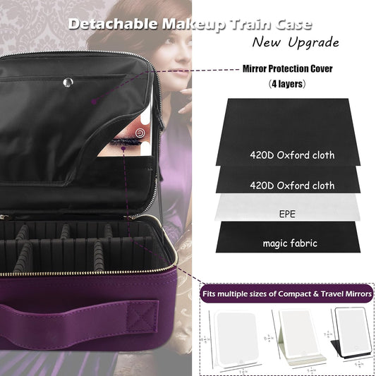 MOMIRA Travel Makeup Bag Cosmetic Bag with Lighted Mirror, Adjustable Brightness in 3 Color Scenarios, Waterproof, 10x Magnifying Mirror, Rotatable Independent Light Mirror- Deep purple (Solid)