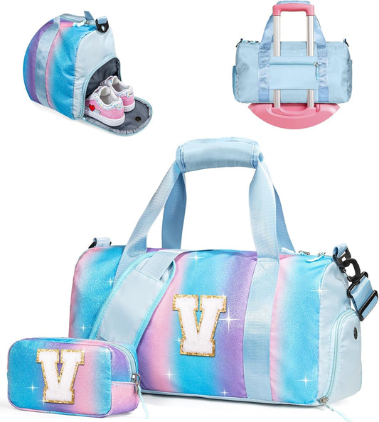 Valentines Day Gifts for Her-Girl Gym Bag with Shoe Compartment, Kid Personalized Weekender Overnight Bags, Initial Travel Tote with Makeup Pouch, Girls Kids Easter Gift (Letter V)