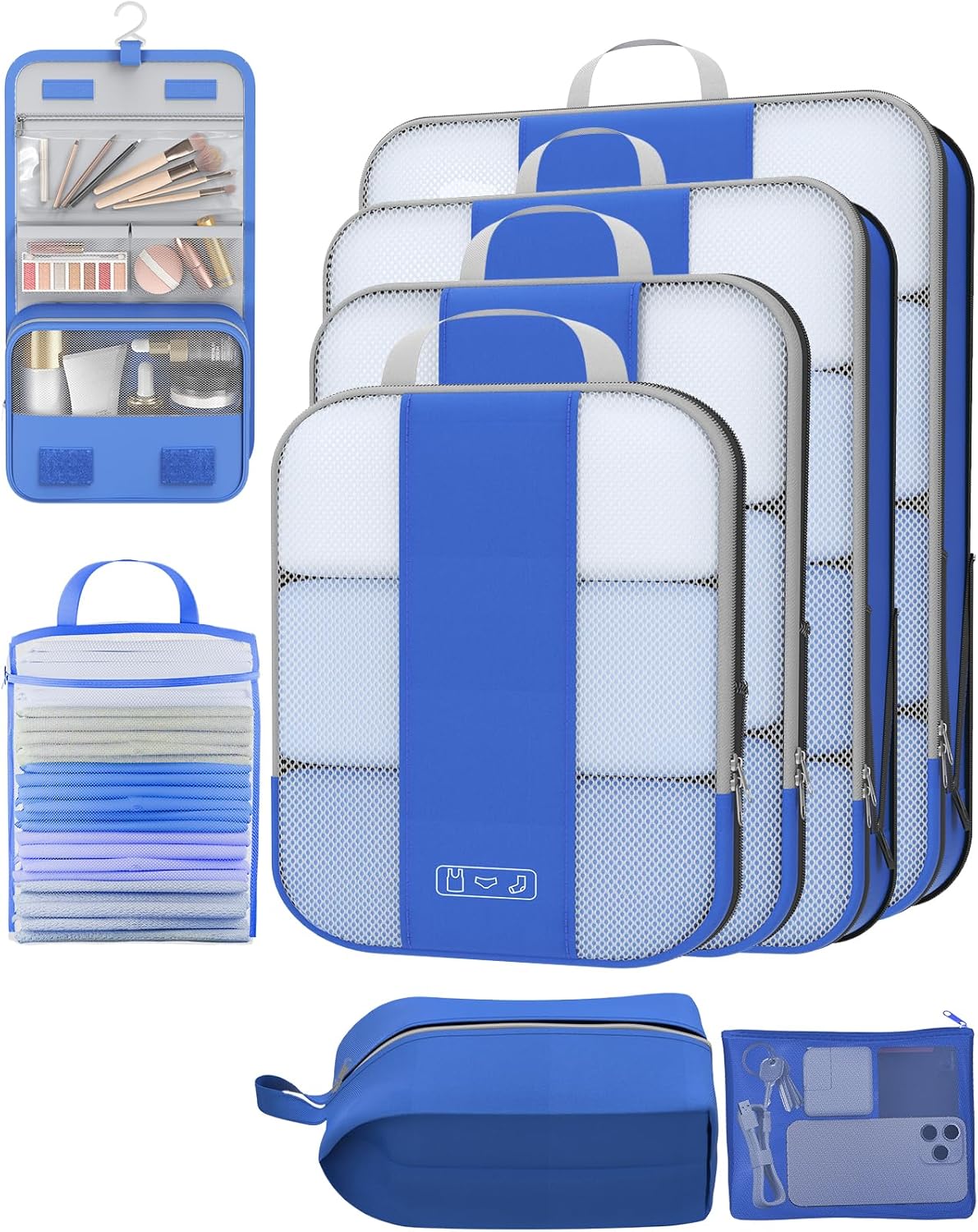 8 Set Compression Packing Cubes for Travel Essentials,Compressible Expandable Packing Cubes for Suitcase,OlarHike Luggage Organizer Bags for Travel,Handy Helper for Organizing Clothes(Klein Blue)