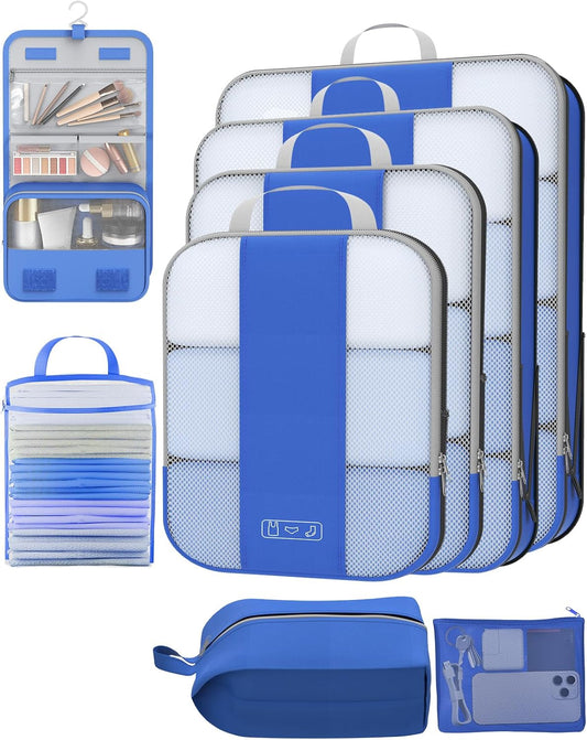 8 Set Compression Packing Cubes for Travel Essentials,Compressible Expandable Packing Cubes for Suitcase,OlarHike Luggage Organizer Bags for Travel,Handy Helper for Organizing Clothes(Klein Blue)