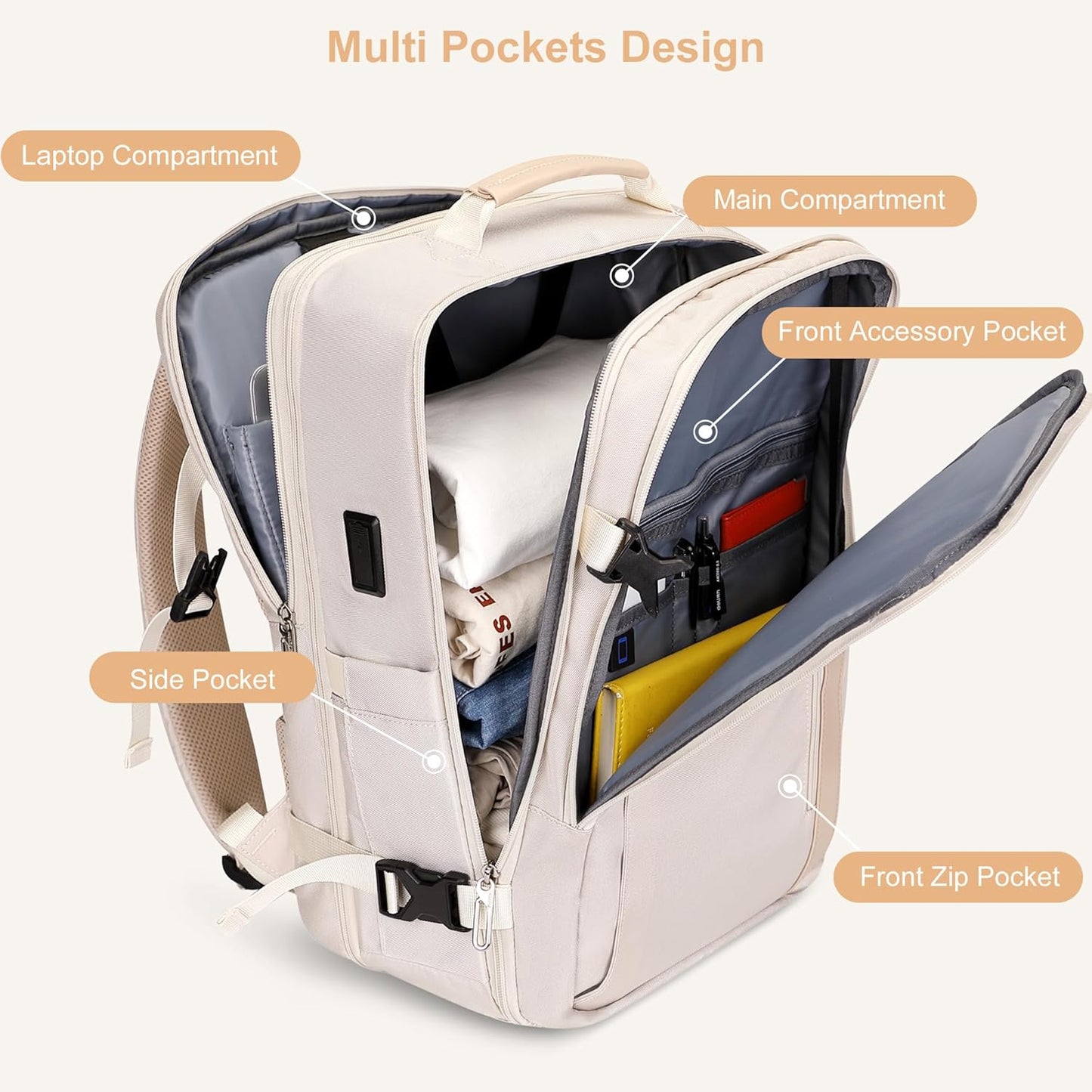 PIJUSHI Travel Backpack for Women Expandable Carry on Luggage Backpack Airline Approved Personal Item Laptop Bag(PE034 Classic Beige)