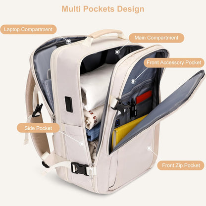 PIJUSHI Travel Backpack for Women Expandable Carry on Luggage Backpack Airline Approved Personal Item Laptop Bag(PE034 Classic Beige)