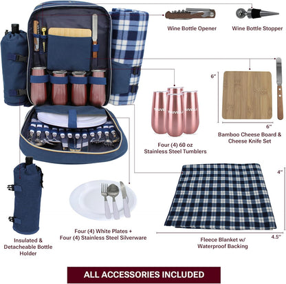 Truvelli Picnic Backpack for 4 with Blanket – 12-in-1 Insulated Picnic Basket Backpack Set with‬ Wine Holder, Cheese Board & Cutlery – Premium Picnic Back Pack for Family & Group‬ Adventures, Blue