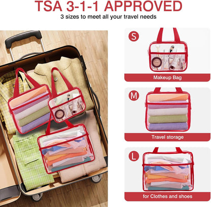 XEWEA Clear Travel Toiletry Bags, 3 Pack TSA Approved Transparent Makeup Bag for Men Women, Large Waterproof PVC Quart Organizer Kit with Zipper for Toiletries Airline Essential,Toy Storage Pouch Red