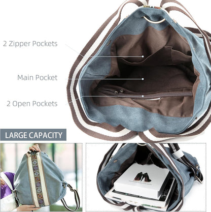 Goodhan Women Canvas Backpack Daypack Casual Shoulder Bag, Vintage Heavy-duty Anti-theft Travel Backpack (Blue Grey)