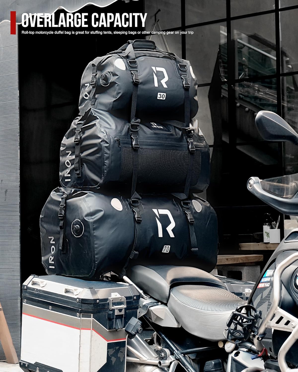 IRON JIA'S Motorcycle Dry Bag - Waterproof Duffle & Luggage Tail Bag Saddle Bags with Roll Top Closure, Shoulder Straps, Inner Pocket and Mesh Pocket (Grey, 70L)