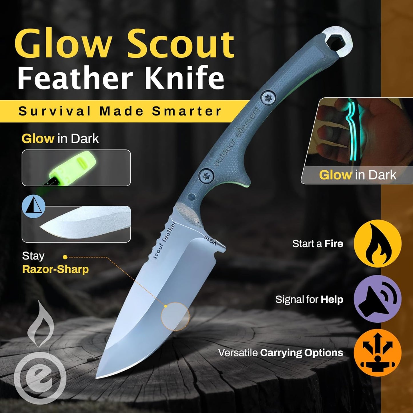 Scout Feather Glow - Fixed Blade Survival Knife with built-in Firestarter for Camping, Hunting, Outdoor Adventure and Culinary Need - VG10 Blade, Whistle, Knife Sharpener, Compact Sheath & G10 Handle