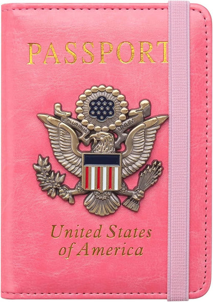 Passport Holder for Travel Passport Cover for Men Passport Wallet Case with Metal 3D Metal Badge Protector Leather Card Case RFID Blocking Women Travel Accessories Document Organizer (Pink)