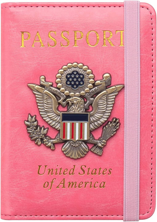 Passport Holder for Travel Passport Cover for Men Passport Wallet Case with Metal 3D Metal Badge Protector Leather Card Case RFID Blocking Women Travel Accessories Document Organizer (Pink)