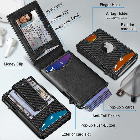 Airtag Wallet for Men,with Money Clip Gift Boxed,Slim Front Pocket Wallet RFID Blocking Metal Case Smart Pop-up Credit Card Holder in Magnetic Leather Flip