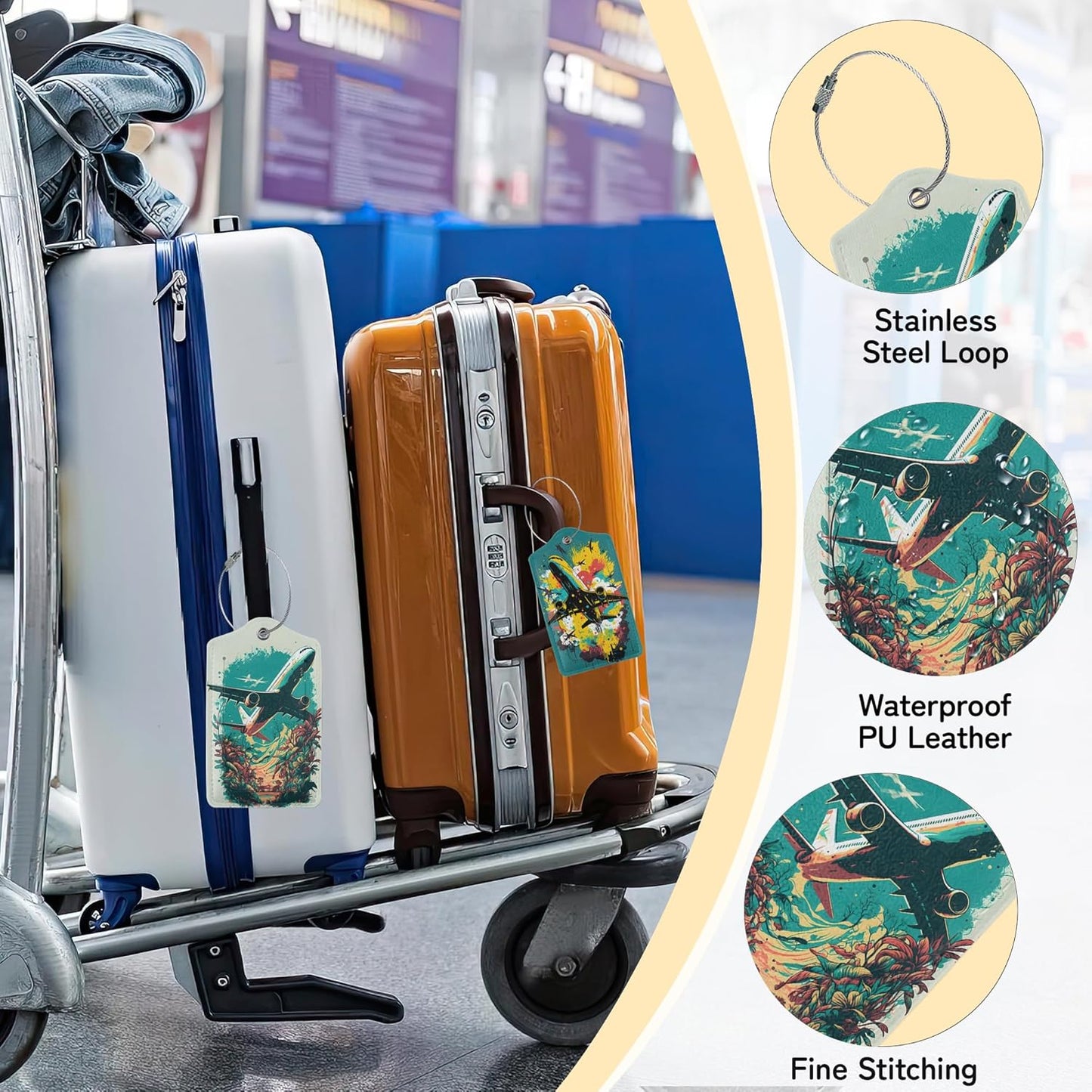 Airplane in The Sky Luggage Tags for Suitcase,3 Pack Luggage Tag Leather Privacy Cover ID Label with Stainless Steel Loop for Women Men