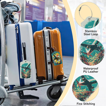 Airplane in The Sky Luggage Tags for Suitcase,3 Pack Luggage Tag Leather Privacy Cover ID Label with Stainless Steel Loop for Women Men