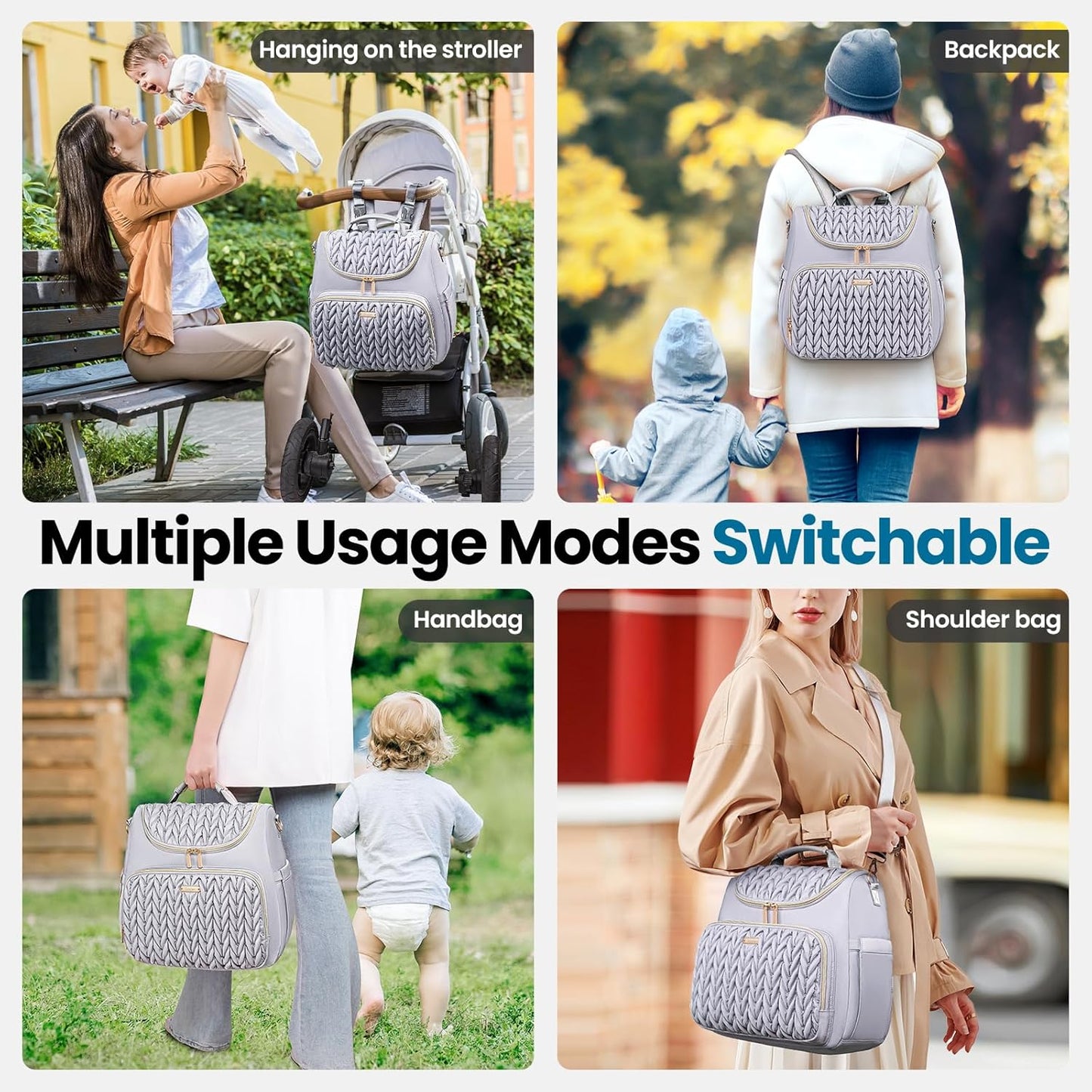 4 in 1 Convertible Diaper Bag Backpack,Waterproof Baby Diaper Bag with Changing Pad,Converts into Baby Tote Bag,Diaper Backpack,Stroller Bag and Crossbody Diaper Bag