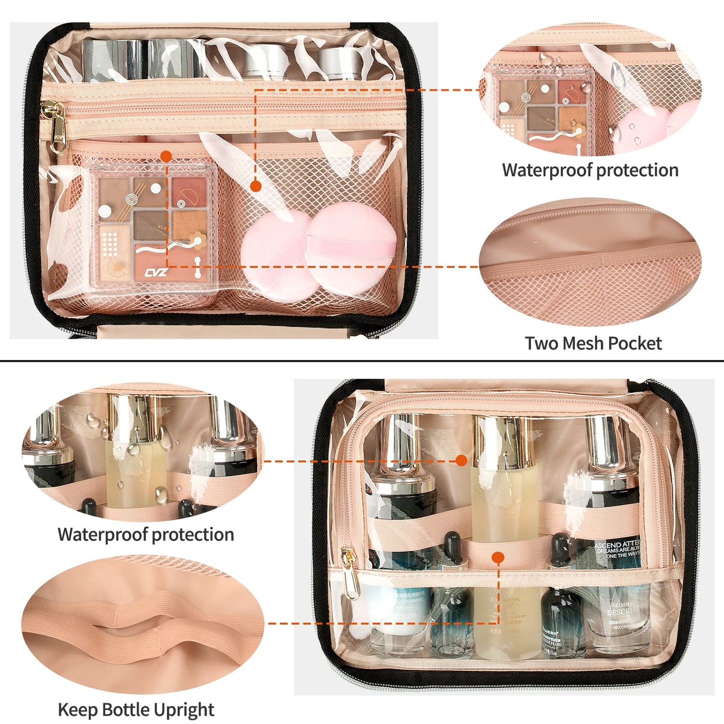 CUBETASTIC Travel Toiletry Bag with 360° Hanging Hook - 3 Compartments Water-resistant Makeup Bag with Portable Handle Medium - Makeup Organizer for Toiletries and Cosmetics