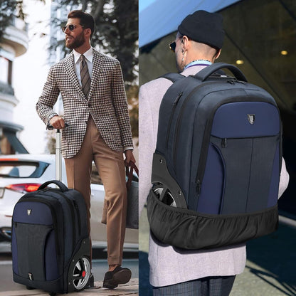 Rolling Backpack,Waterproof Backpack with Wheels for Business and Travel Commuter, Carry on Backpack with Laptop Compartment, Fit 17 Inch Laptop, Wheeled Backpack for Adults