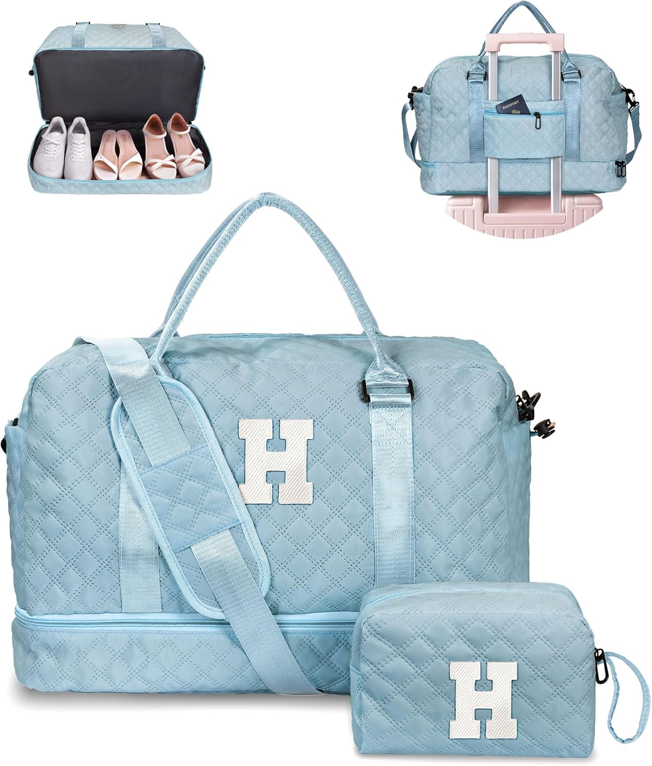 Gifts for Teen Girls-Initial Duffle Bag with Shoe Compartment, Personalized Weekender Bag, Monogram Overnight Bag, Travel Bag with Makeup Bag，Birthday Gift Graduate Gifts for Her (Letter H)