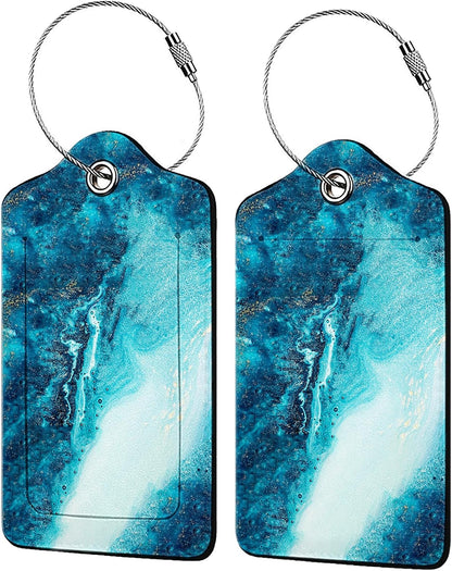 Abstract Ocean Texture Luggage Tags for Suitcases,2 Pack Luggage Tag, Leather Stainless Steel Loop Label Tag for Women Girl Travel Bag Suitcase