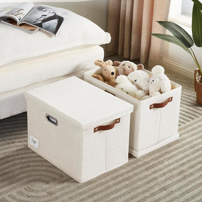 17" Large Collapsible Storage Bins with Lids, Stackable Closet Organizers with PU Handle and Labels, 3-Pack Decorative Fabric Storage Boxes for Home, Bedroom, Closet, Office, Nursery(White)