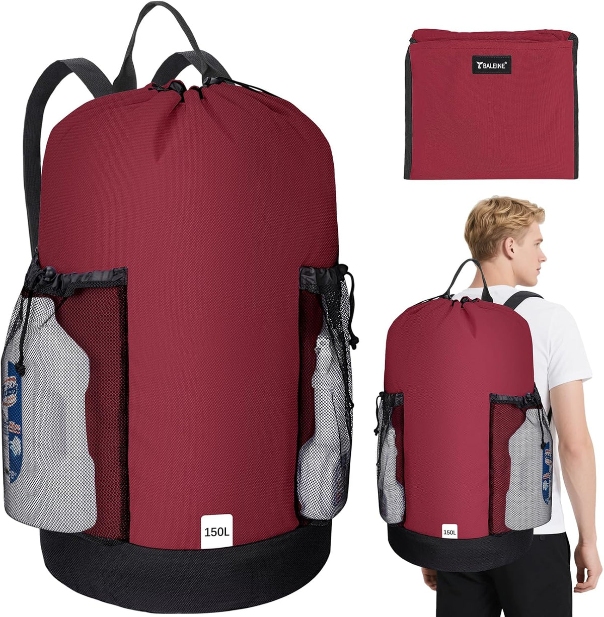 BALEINE 150L Laundry Bag Backpack, 900D Oxford Fabric Large Travel Laundry Bags with Shoulder Straps and 2 Mesh Pockets for College Dorm, Apartment, Laundromat (Red, 150L) ﻿