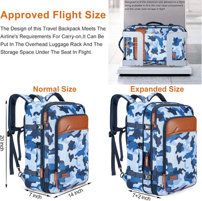Travel Backpack 42L Carry on Backpack Flight Approved Expandable Travel Backpack Carry on Backpack Luggage Daypack (Blue Camouflage)
