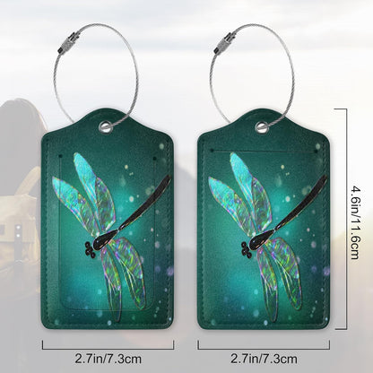 2 Pack Luggage Tag for Suitcase, Dragonfly Leather Suitcase Tags Identifiers with Privacy Name Address Labels & Durable Steel Loop for Women/Men Travel Fantasy Green Dragonfly