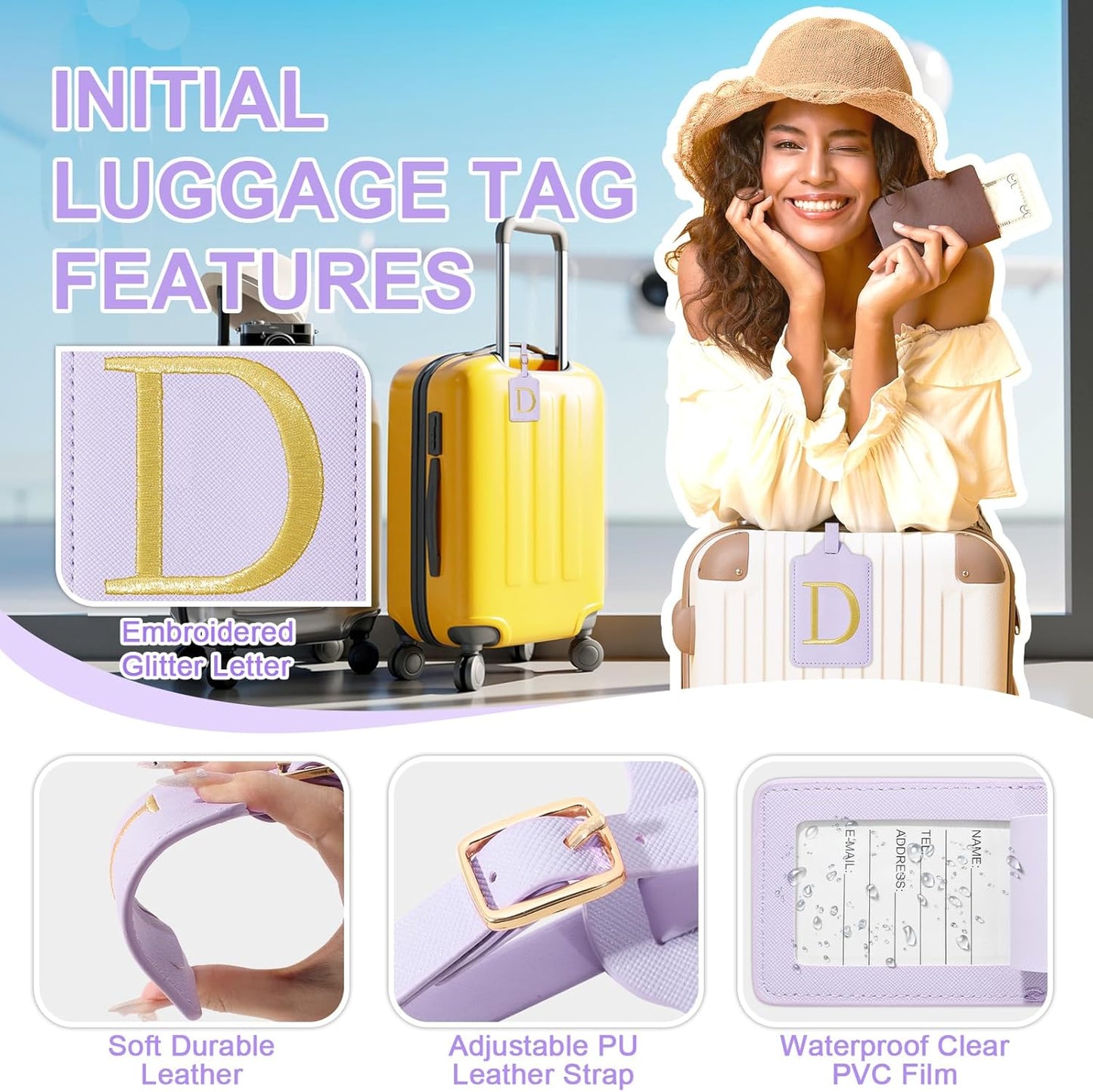 Personalized Initial Luggage Tags for Suitcase, Purple Leather Cute Luggage Tags with Privacy Cover Name Card, Embroidered Custom Monogrammed Luggage Tag Travel Backpack Tags Gifts for Women Kids(D)