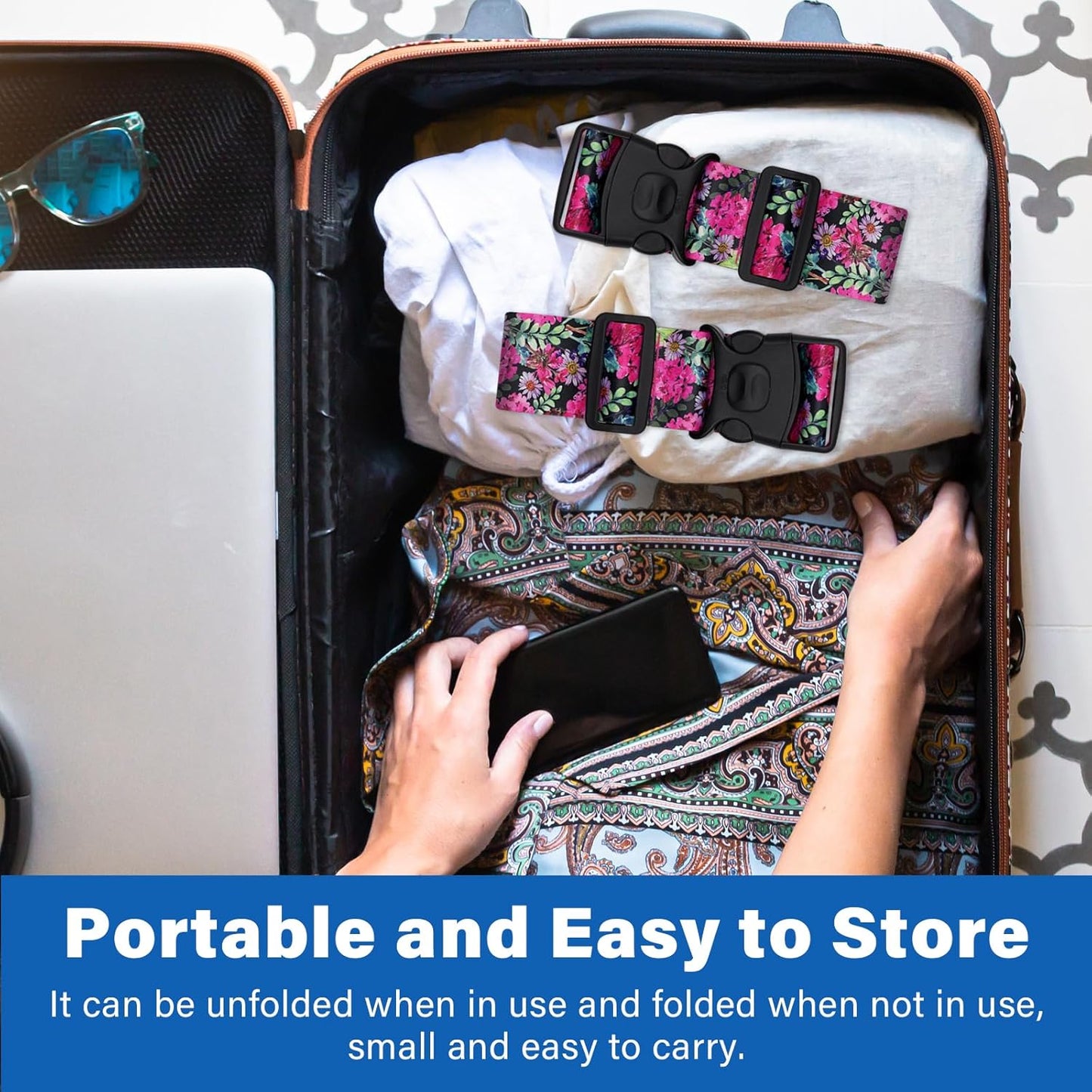 2 Pack Luggage Straps for Suitcases, Adjustable Travel Belt with Double Lock and Quick Release Buckle, Heavy Duty Nylon Bag Packing Strap, Bright Identifiers Business Travel Accessories-Pink Flowers