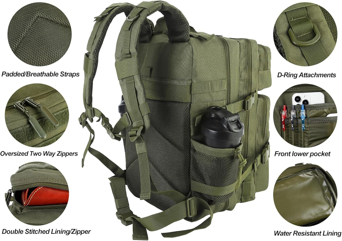 LHI Military Tactical Backpack for Men and Women 45L Army 3 Days Assault Pack Bag Large Rucksack with Molle System - Green