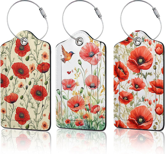 3 PCS Red Poppy Flower Luggage Tags,Suitcase Tags Privacy Cover ID Label with Stainless Steel Loop and Address Card for Travel Bag Suitcase