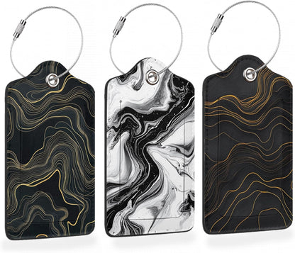 Abstract Line Art 3 Pack PU Leahter Luggage Tag with Stainless Steel Loop, Monochrome Marble Travel Suitcase Labels with Privacy Cover ID Label Quickly Spot for Bags