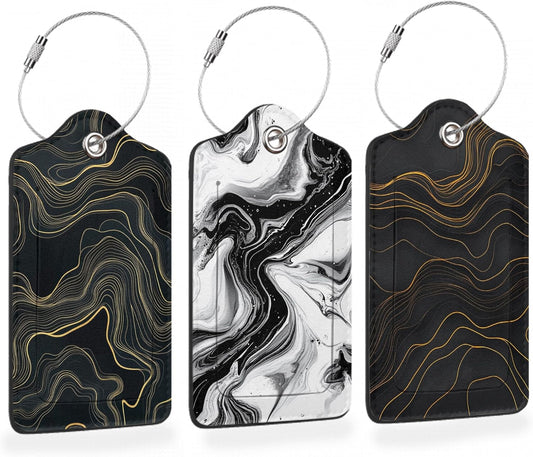 Abstract Line Art 3 Pack PU Leahter Luggage Tag with Stainless Steel Loop, Monochrome Marble Travel Suitcase Labels with Privacy Cover ID Label Quickly Spot for Bags