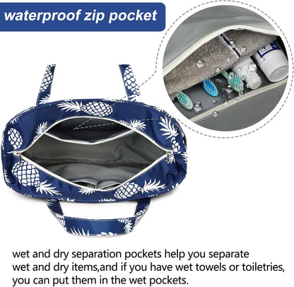 LEDAOU Large Beach Tote Bag Women Waterproof Sandproof Zipper Beach Tote Bag for Pool Gym Grocery Travel with Wet Pocket