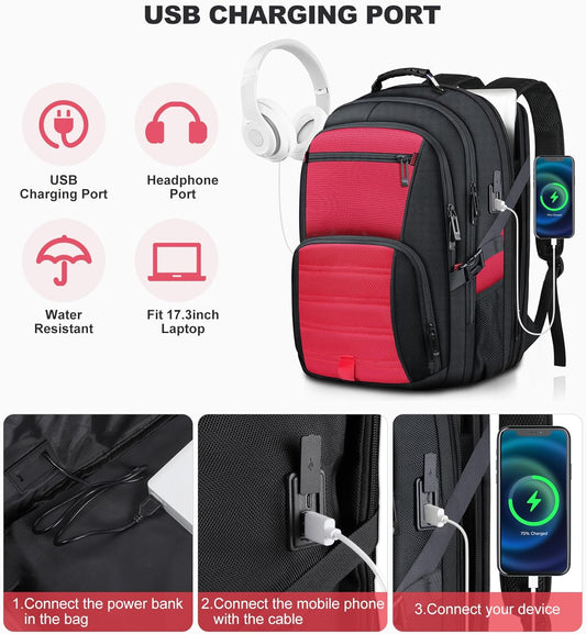 50L Extra Large Backpack,Laptop Backpack, Travel Backpack for Men, Big Backpack, Water Resistant School Approved Business Work Computer Heavy Duty Bag with USB Port, Fits 17 Inch Laptop, Red