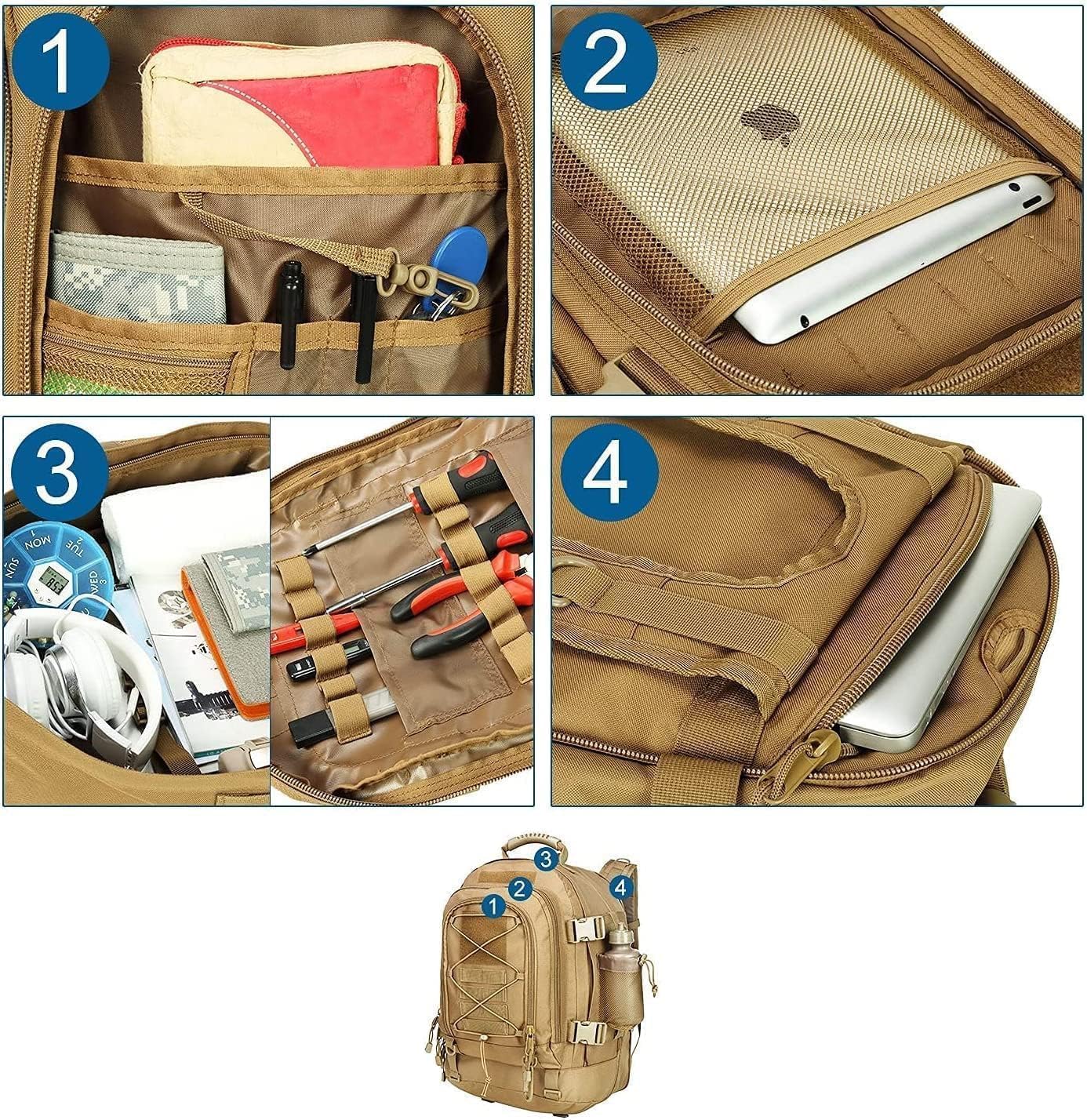 Large Tactical Backpack for Men Military Backpack with DIY System for Travel, Work,Camping,Hunting,Hiking,Sports (TAN)