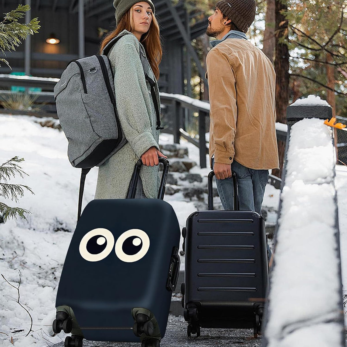 ANNA QUEEN Navy Blue Cartoon Eyes Luggage Cover, Funny Suitcase Protector for 20-22 Inch Luggage, Stretchable & Washable Travel Cover, Cute, Durable & Easy to Spot