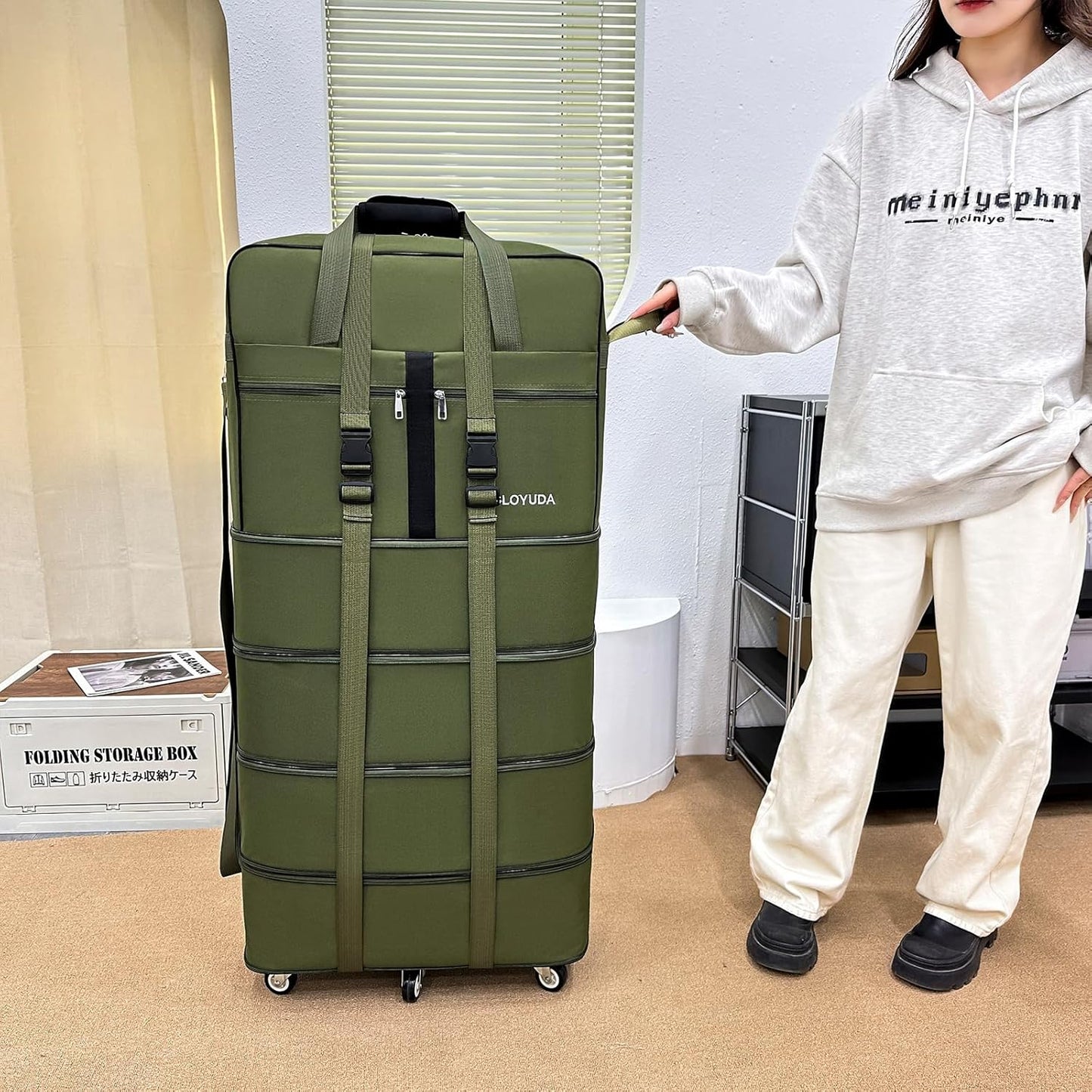 Expandable Foldable Luggage, 42'' Suitcase With Spinner Wheels, Rolling Duffle Bag with Wheels and Handle, Collapsible Luggage, With 2 Handle Wrap and 2 Fixing Straps, 1 Shoulder Strap (Green)