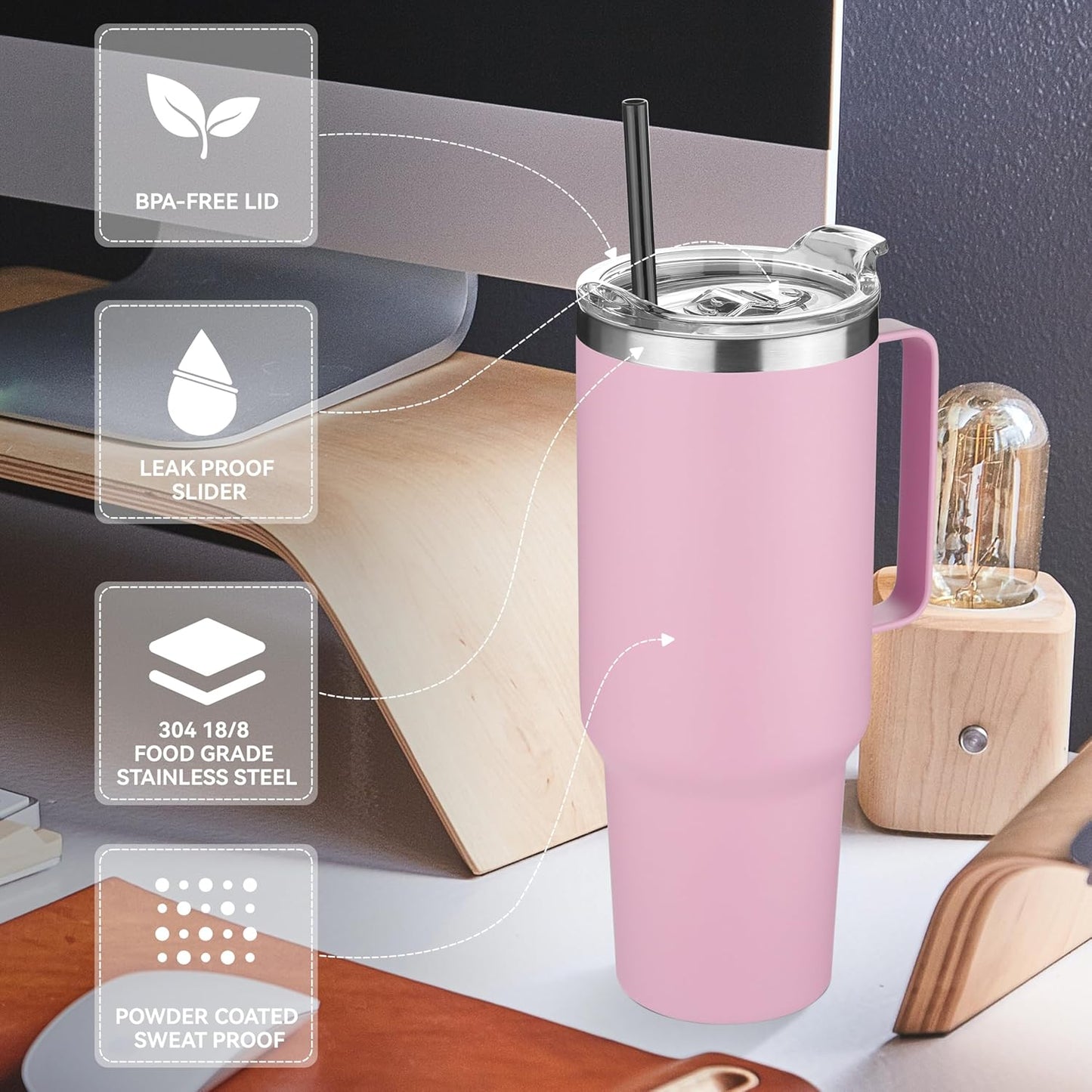 HASLE OUTFITTERS 40 oz Stainless Steel Tumbler with Handle, Vacuum Insulated Tumblers Bulk, Reusable Double Wall Travel Coffee Mug, Durable Powder Coated Water Bottle(Pink, 1)