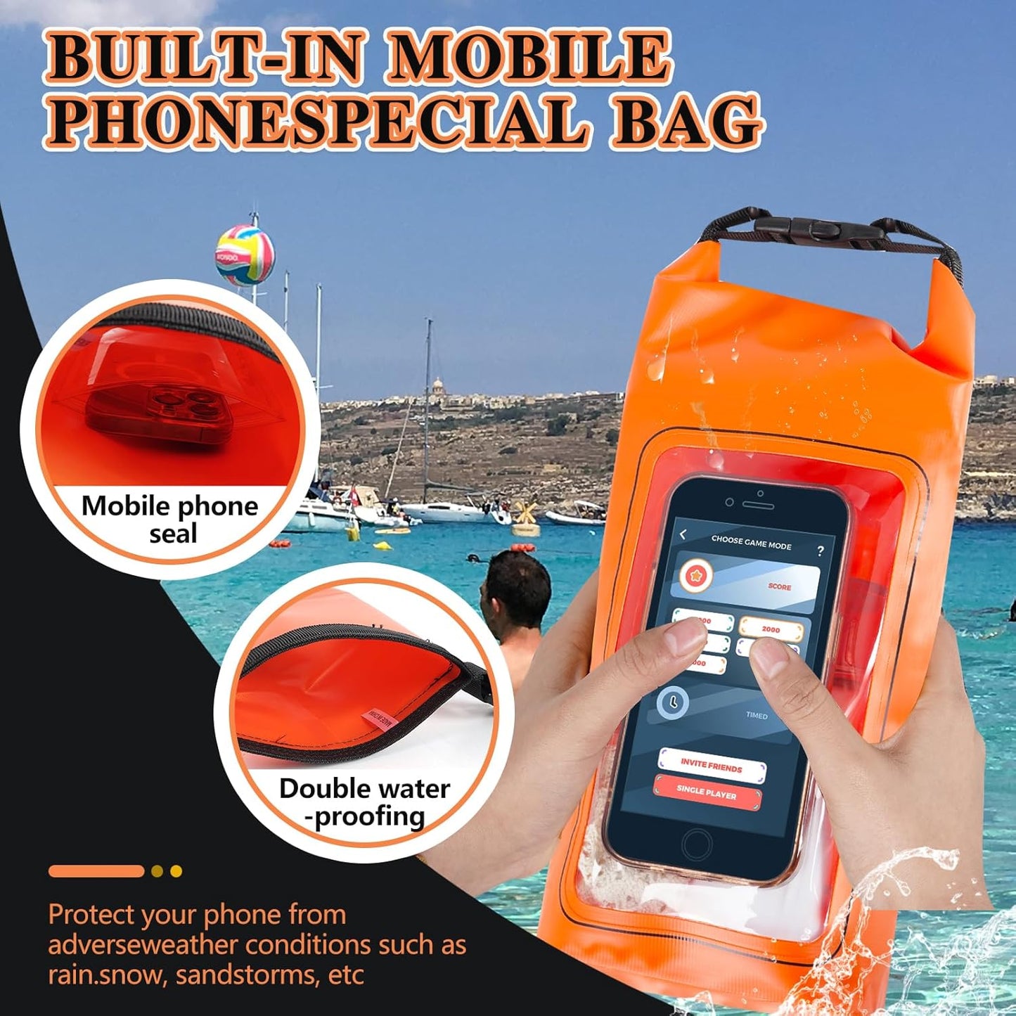 IP68 Waterproof Dry Bag, 2L - Roll Top Waterproof Pool Bag，Dry Bags for Kayaking Waterproof-w/Phone Pouch,Large Waterproof Phone Pouch,Boating & Kayak Accessories Camping (Orange 2L)