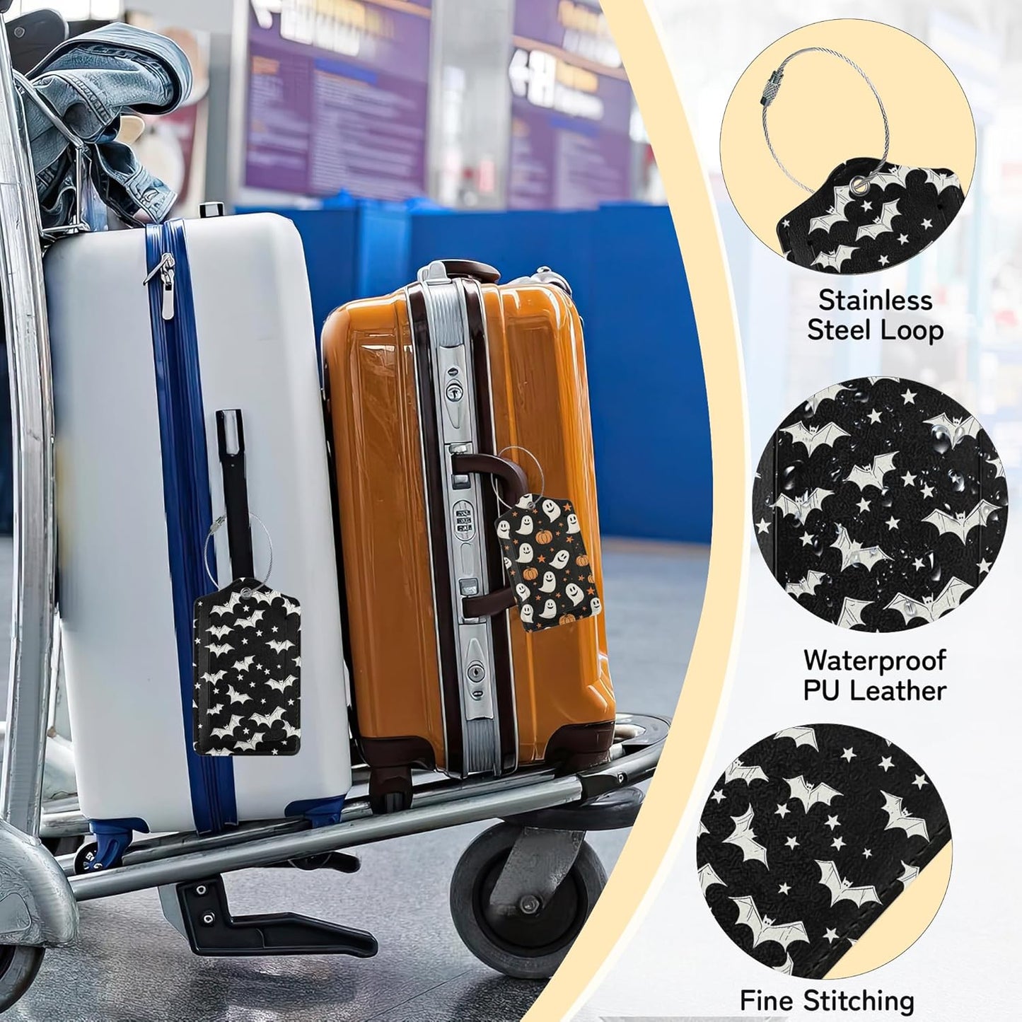 3 Pack PU Leahter Happy Halloween Luggage Tag with Stainless Steel Loop,Travel Suitcase Labels with Privacy Cover ID Label Quickly Spot for Bags