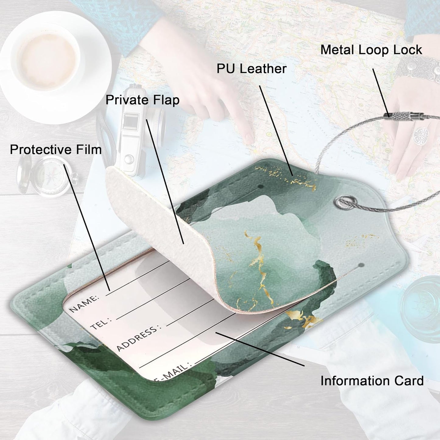 2Pcs Luggage Tag for Suitcase Green Ink Abstract Marble Cute Suitcase Tag with Privacy Flap & Name ID Label & Metal Loop,Travel Bag Luggage Tags for Women